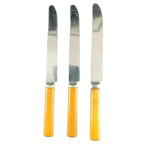 VINTAGE Art Deco MCM Bakelite Butterscotch Dinner Knife - Silverware Lot of 3 - Picture 1 of 9